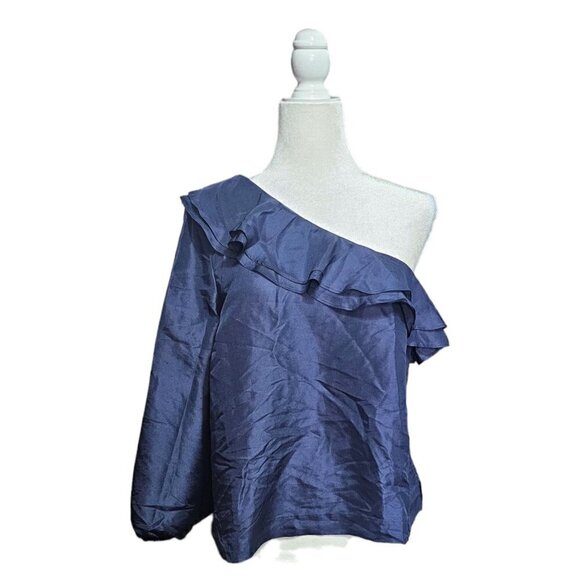 NWT J.Crew navy blue one shoulder silk top with ruffles balloon sleeve size 12P - Picture 1 of 8
